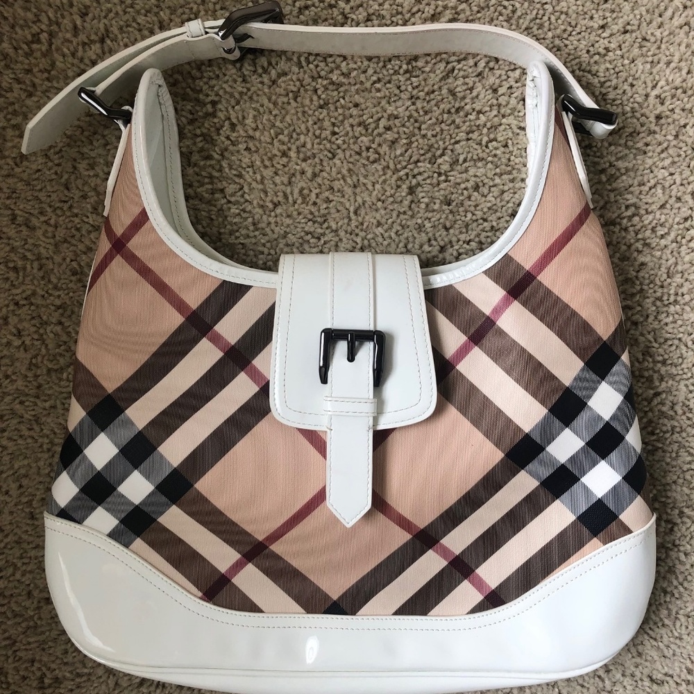 Burberry White Leather Canvas Hobo Bag